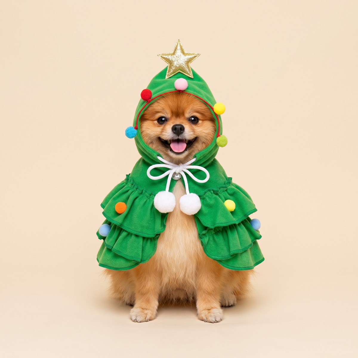 Pomeranian in the green Christmas tree cape