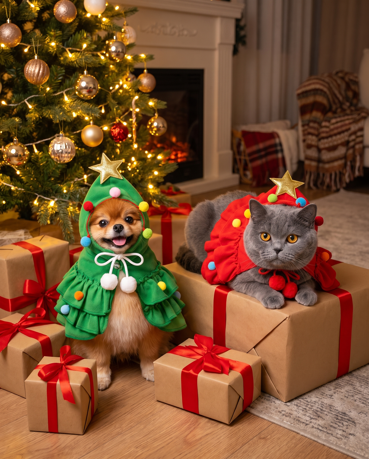 Dog and cat in tree capes under the Christmas tree