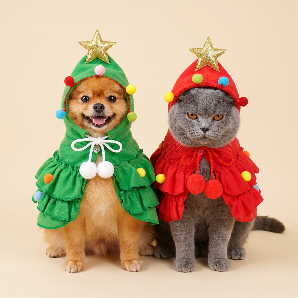 Dog and cat in matching green and red tree capes