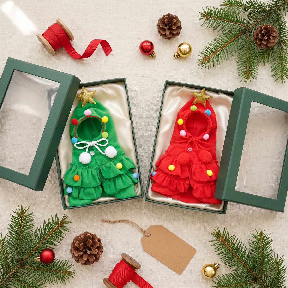 Green and red capes in Fluffit gift boxes