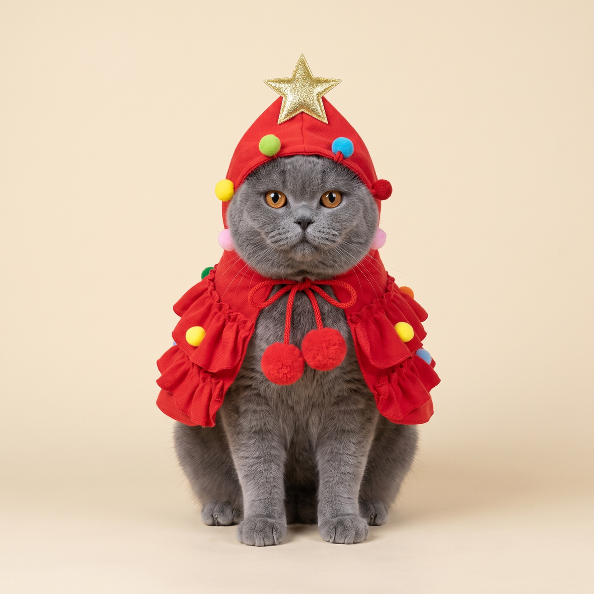 British Shorthair cat in the red Christmas tree cape