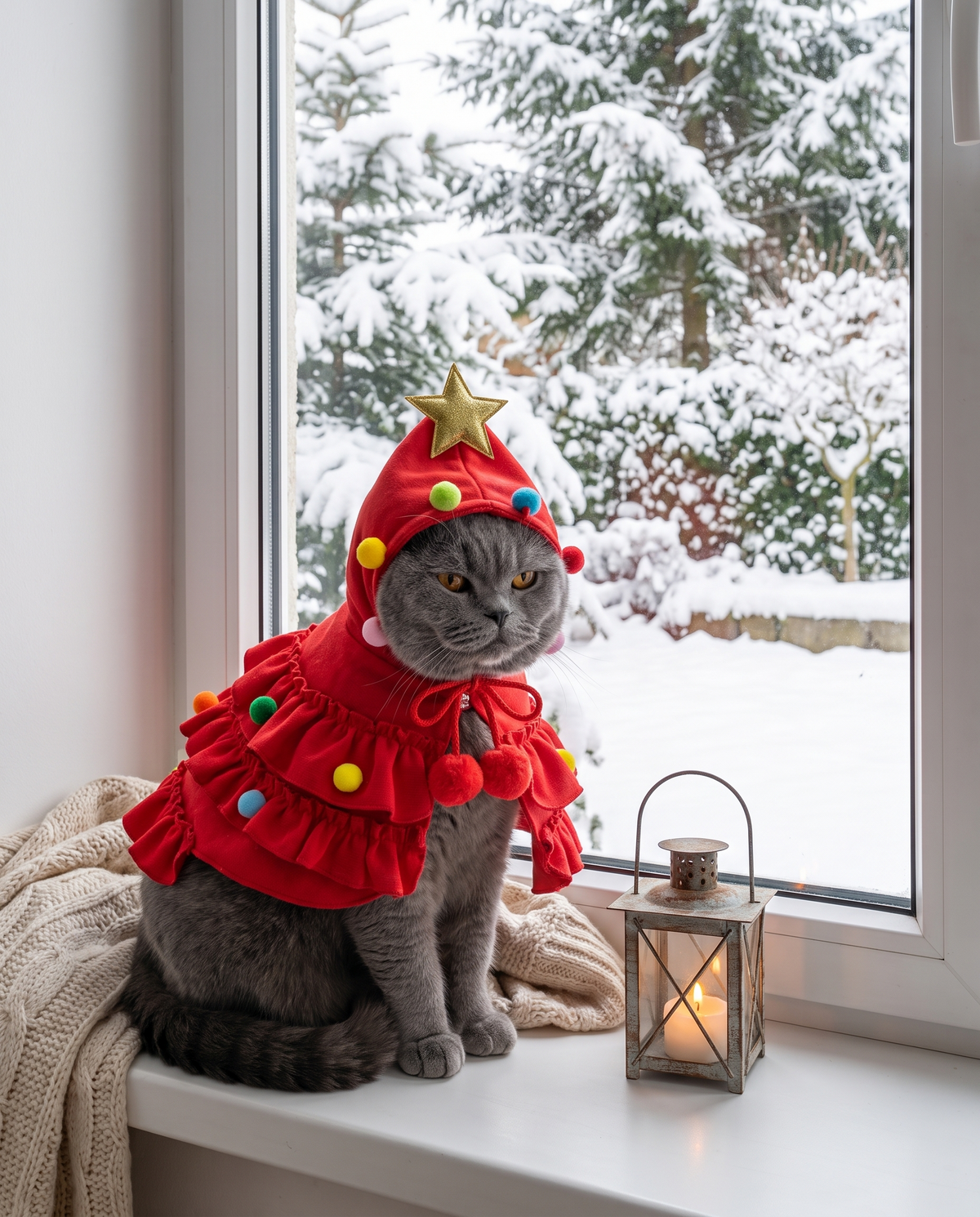 Cat in the red tree cape by a snowy window