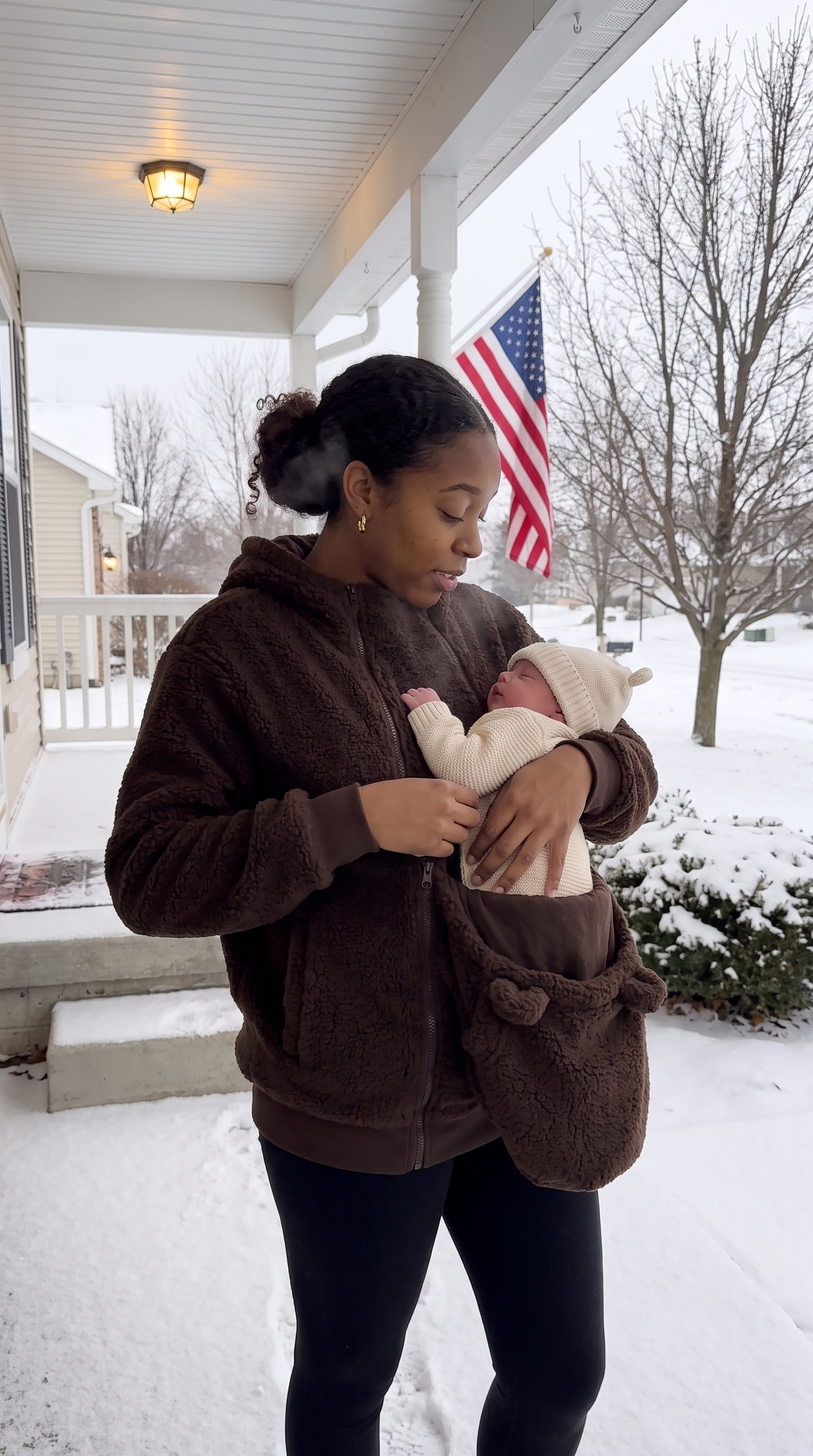 Nuvomi winter fleece hoodie in a snowy everyday setting